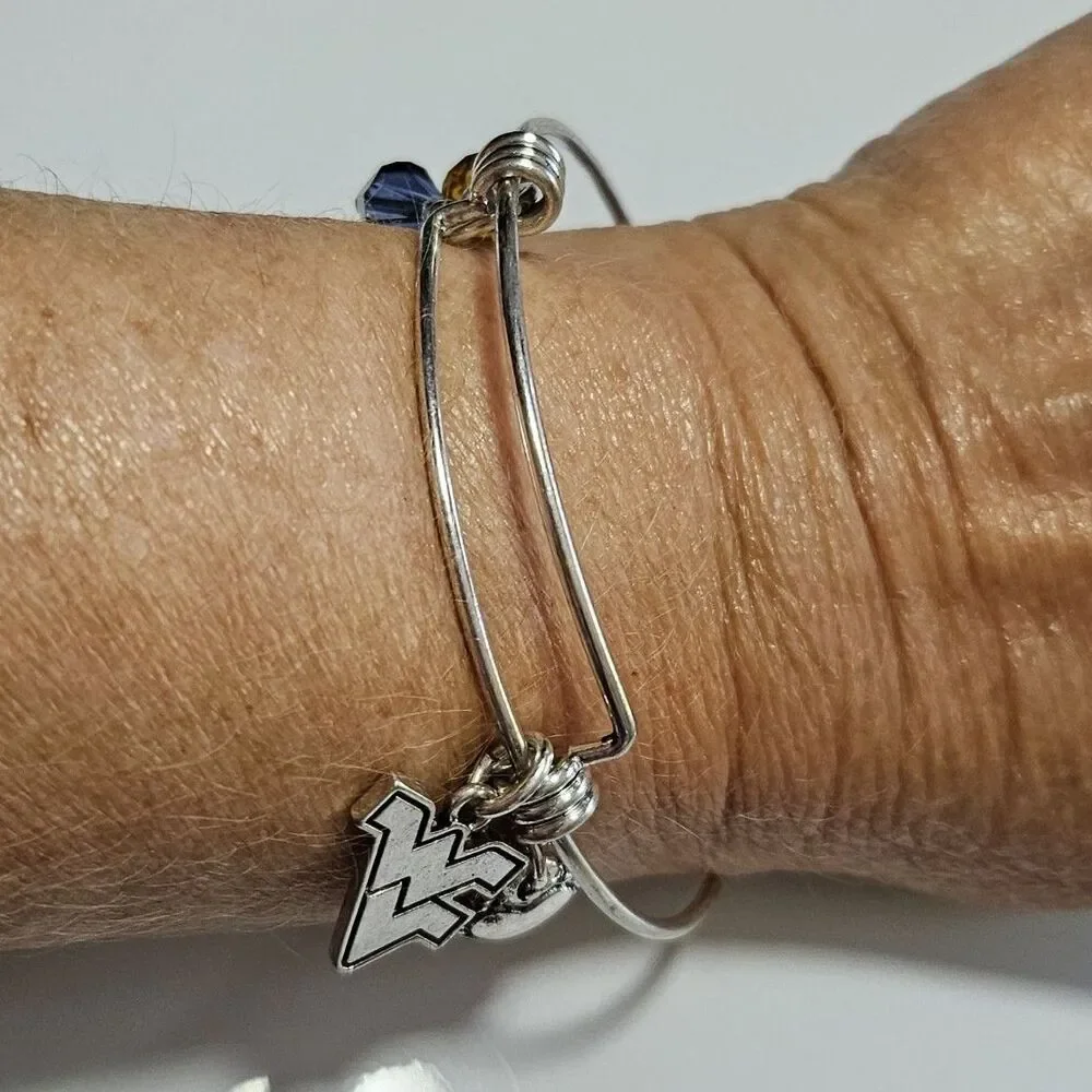 West Virginia Mountaineers Silver Tone Slide Heart Bead Charm Bracelet 7.5